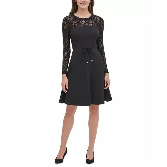 Women's flare dress lace -Tommy Hilfiger Women's Lace Sleeve Fit & Flare Dress Black Size 6