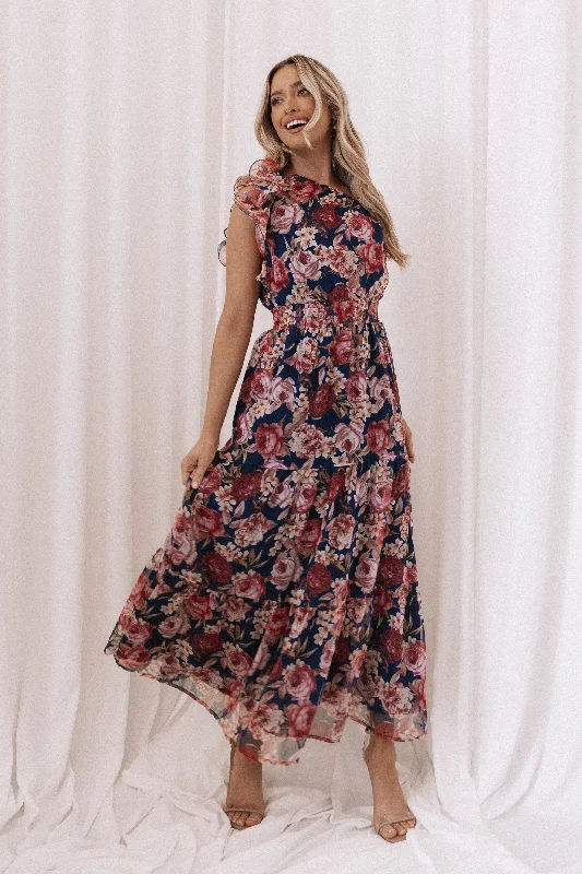 ladies-maxi-dress-buttoned-drift-Layley One Shoulder Maxi Dress - Navy Floral