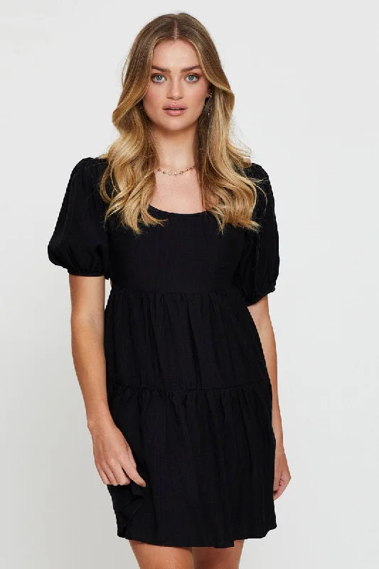 Women's flare dress street style -Black Fit And Flare Dress Short Sleeve Open Back