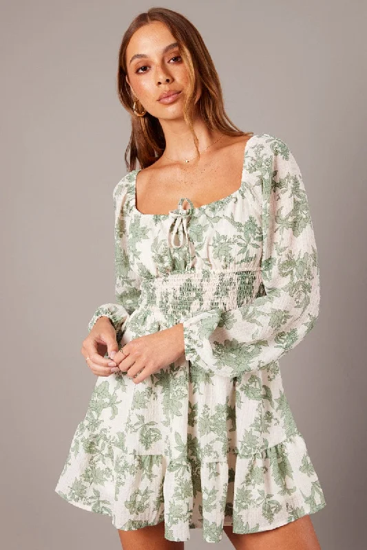 Women's flare dress budget -White Floral Fit and Flare Dress Long Sleeve Ruched Bust