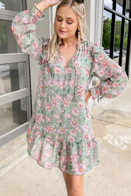 Women's floral dress designer -Let's Meet Up Green Tea Floral Dress