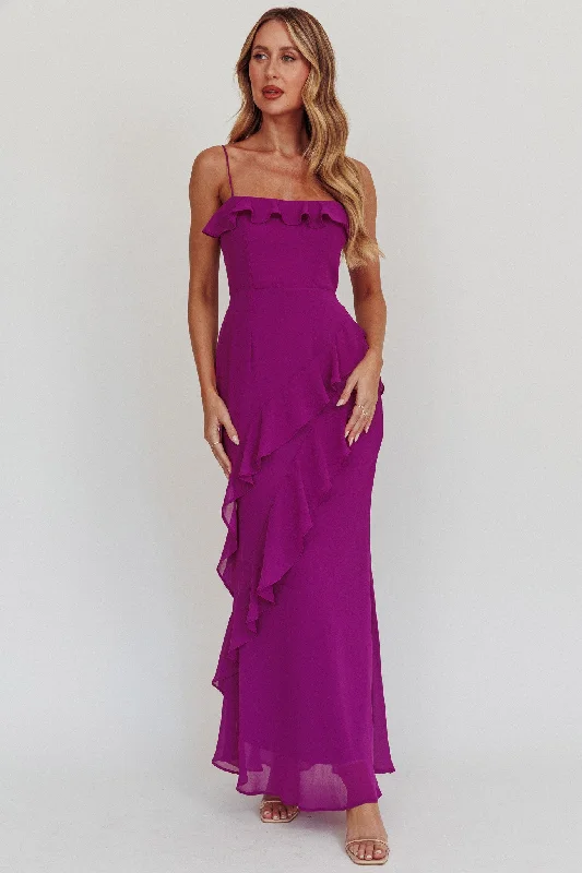 ladies-maxi-dress-seafoam-sweep-Actual Sunshine Ruffle Trim Maxi Dress Plum