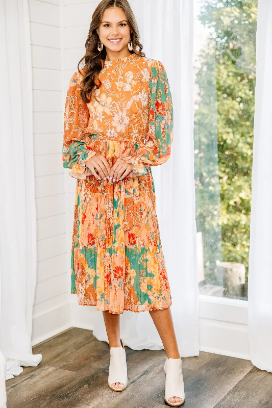 Women's floral dress modern -Fall In Love Rust Orange Floral Midi Dress