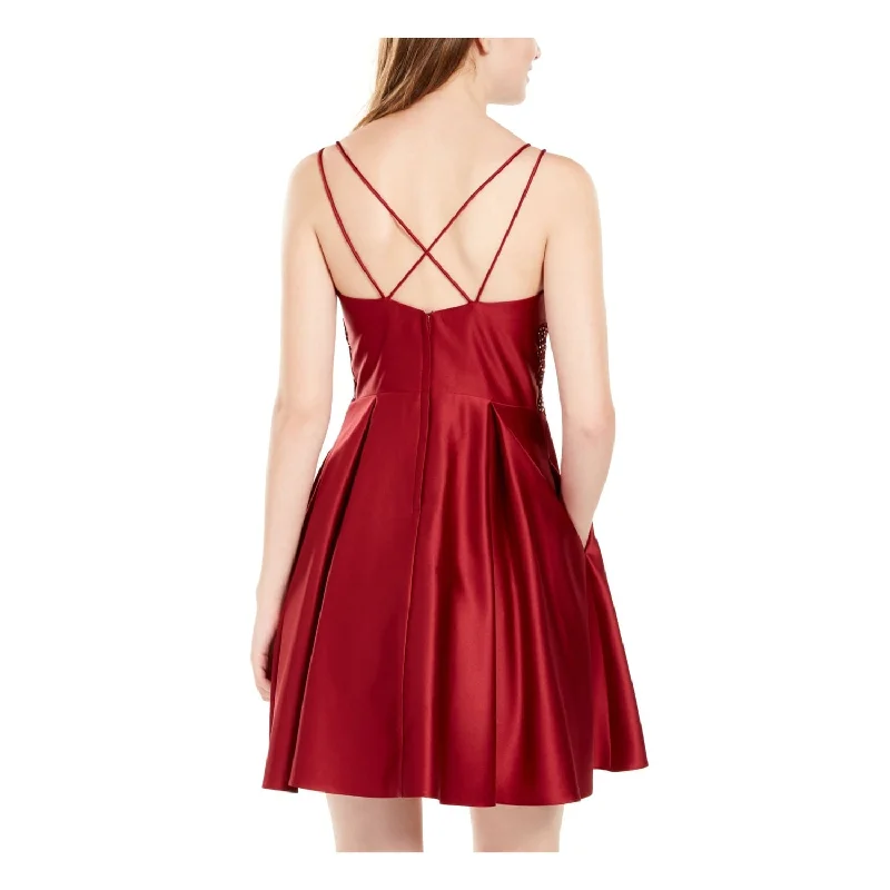 Women's flare dress summer night -Blondie Nites Women's Spaghetti Strap Square Neck Short Cocktail Fit Flare Dress Red Size 3