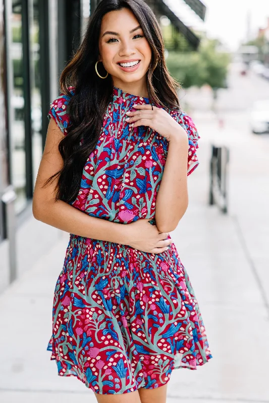 Women's floral dress a-line -Treat Yourself Burgundy Red Floral Dress