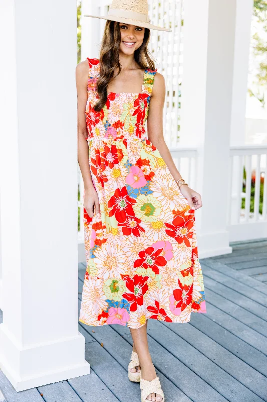 Women's floral dress neon -What Dreams Are Made Of Red Floral Midi Dress