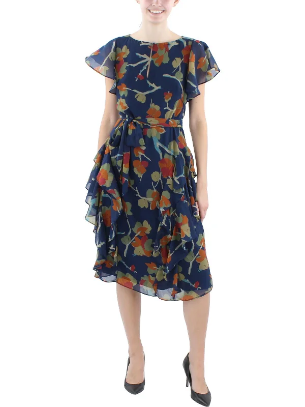 Women's midi dress textured -Womens Floral Print Chiffon Midi Dress