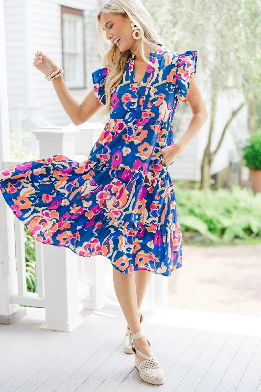 Women's floral dress oversized -Make It Your Own Navy Blue Floral Tiered Dress