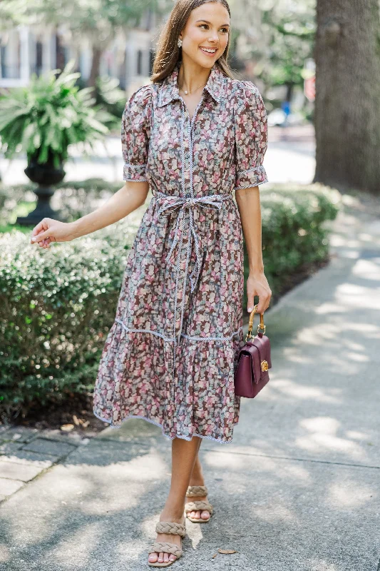 Women's floral dress organic -Be With Me Brown Ditsy Floral Midi Dress