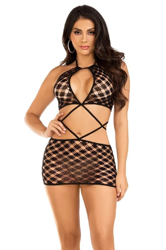 ladies-mini-dress-trendy-twirl-Keyhole Halter Hardcore Net Mini Dress