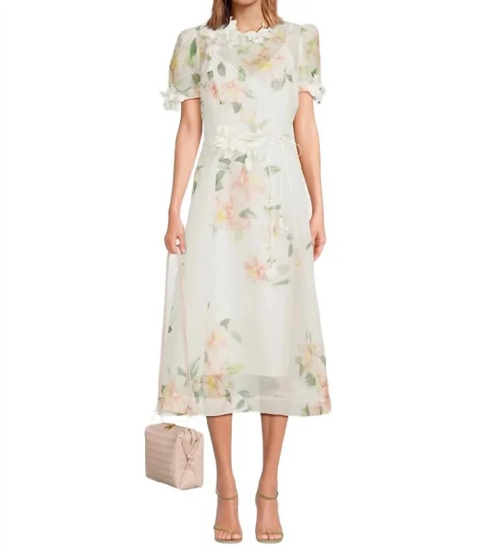 Women's midi dress chic -Natura Liftoff Flower Midi Dress In Ivory Camelia