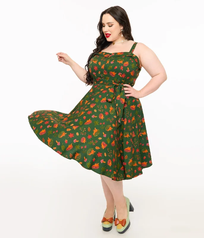 Women's flare dress strapless -Miss Lulo Plus Size 1950s Green Hedgehog Forest Print Kyla Fit & Flare Dress