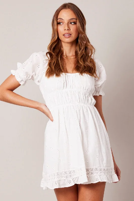 Women's flare dress quilted -White Fit And Flare Dress Puff Sleeve