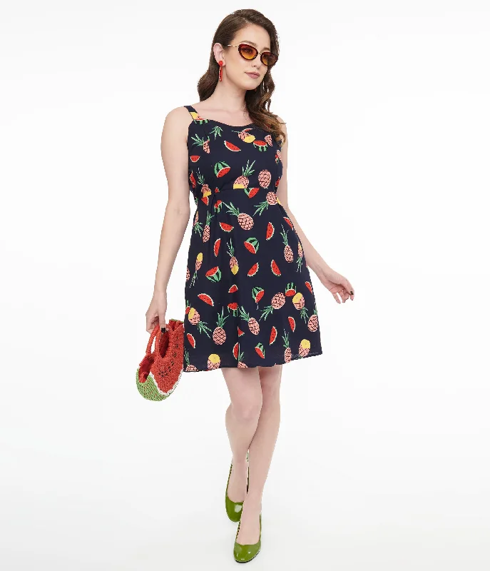 Women's flare dress garden party -1950s Navy Fruit Print Fit & Flare Dress