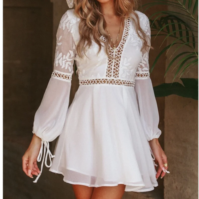 ladies-mini-dress-high-waist-chic-Backless Sheer White Mini Dress