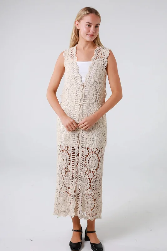 Women's midi dress casual chic -Isabella Boho  Crochet Midi Beach Coat Cover Up