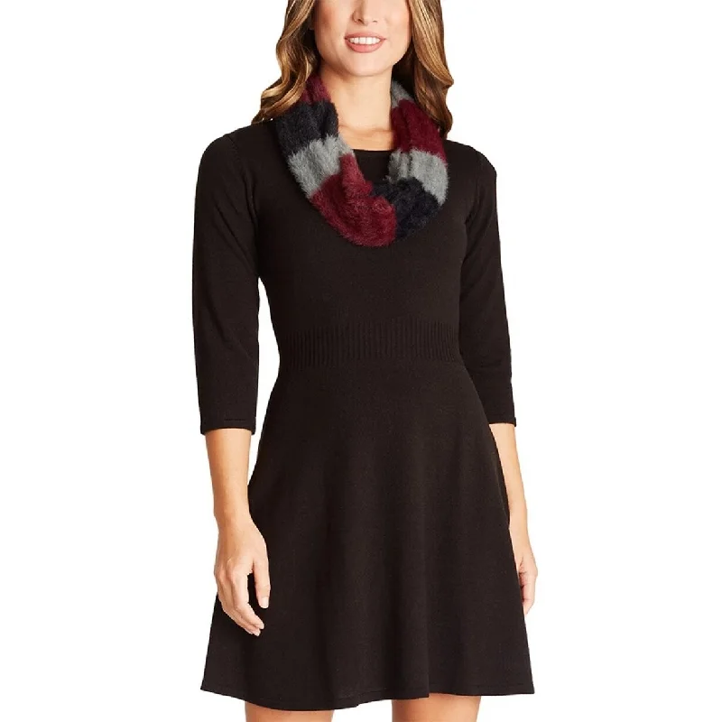 Women's flare dress monochrome -BCX Junior's Fit & Flare Sweater Dress & Scarf Deep Black Size X-Small