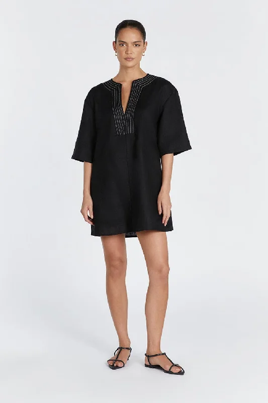 ladies-mini-dress-sapphire-sass-NALA BLACK LINEN MINI SMOCK DRESS