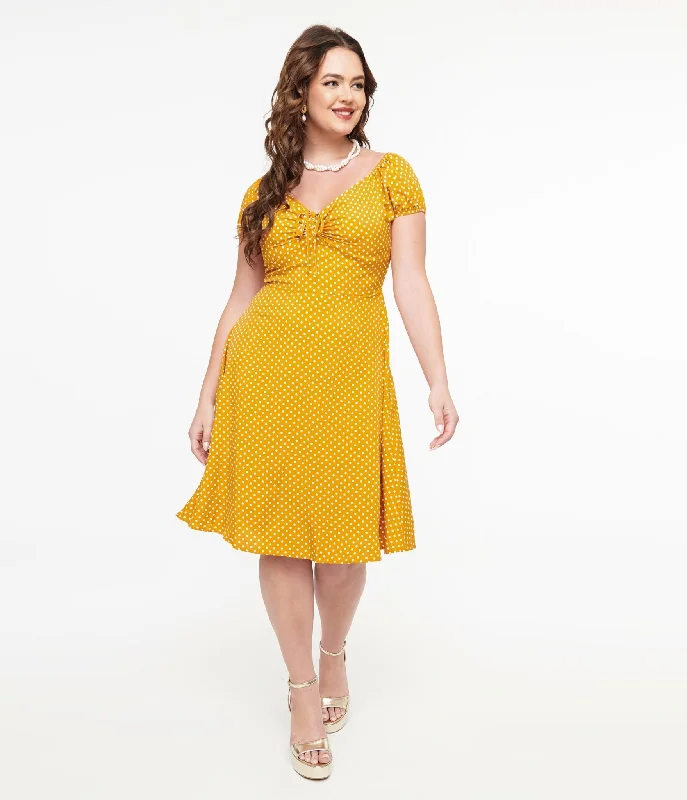 Women's flare dress checkered -Mustard & White Polka Dot Fit & Flare Dress