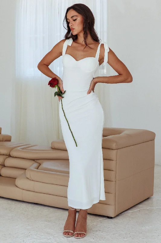 ladies-maxi-dress-solid-sophistication-Rose Garden Tied Shoulder Maxi Dress White