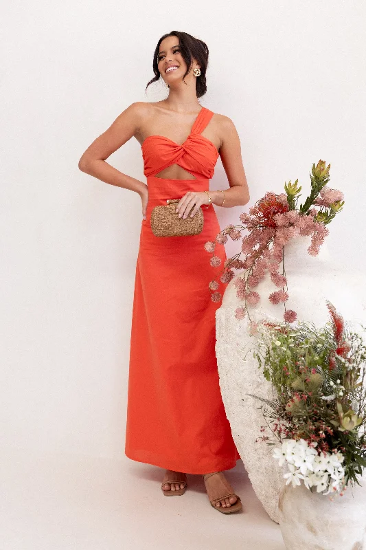 ladies-maxi-dress-silver-drift-Luna One Shoulder Maxi Dress - Tangerine