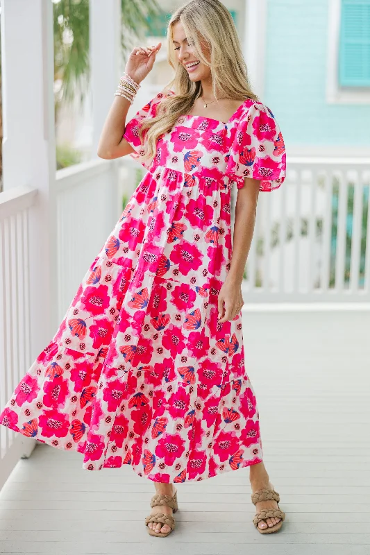 Women's floral dress punk -Answer The Call Hot Pink Floral Midi Dress