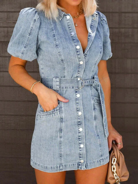 ladies-mini-dress-mono-mini-Puff Sleeve Button Up Mini Denim Dress