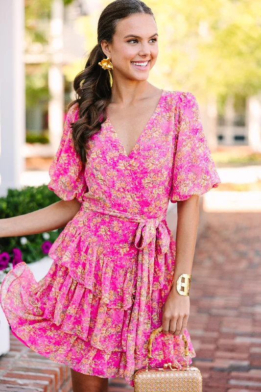 Women's floral dress versatile -Fate: Where To Begin Fuchsia Pink Ditsy Floral Dress