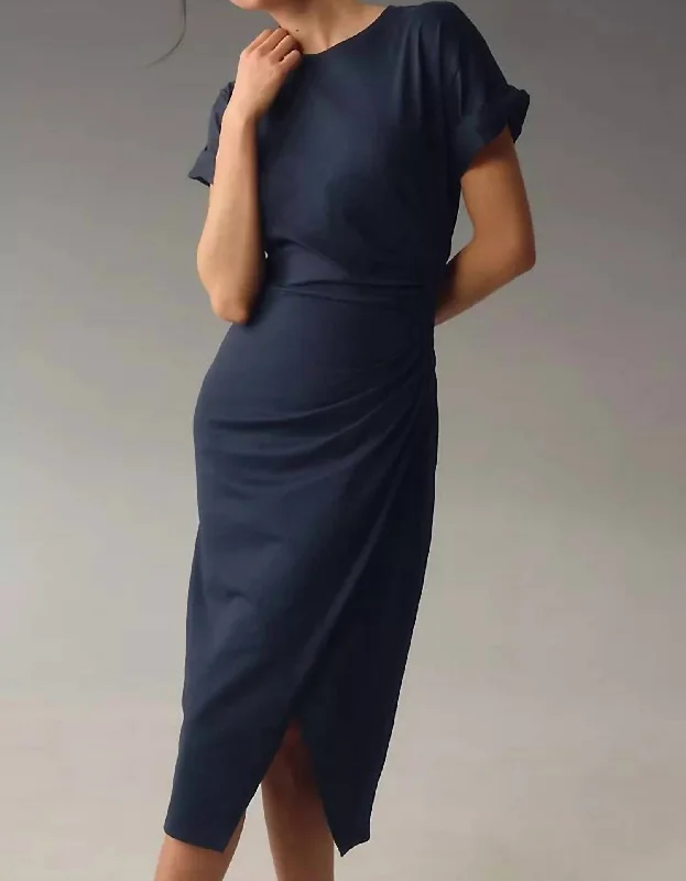 Women's midi dress resort -Faux Wrap Midi Dress In Navy