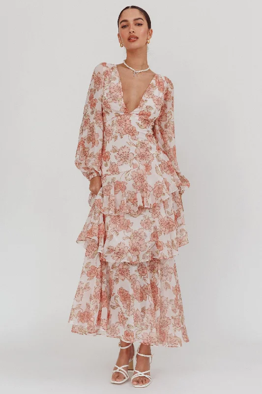 ladies-maxi-dress-cocktail-drift-Veda Long Sleeve Floral Tiered Ruffle Maxi Dress Peach