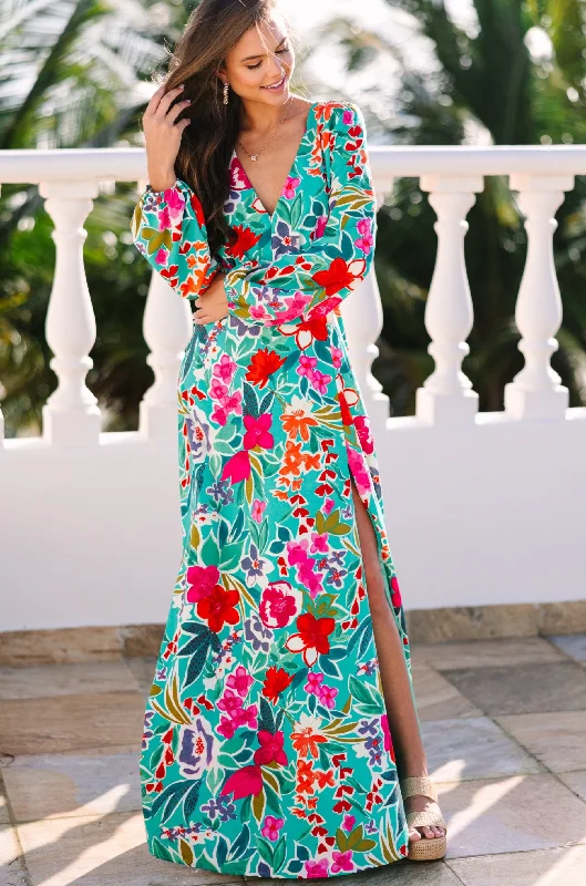 Women's floral dress cut out -Just Feels Right Teal Blue Floral Maxi Dress