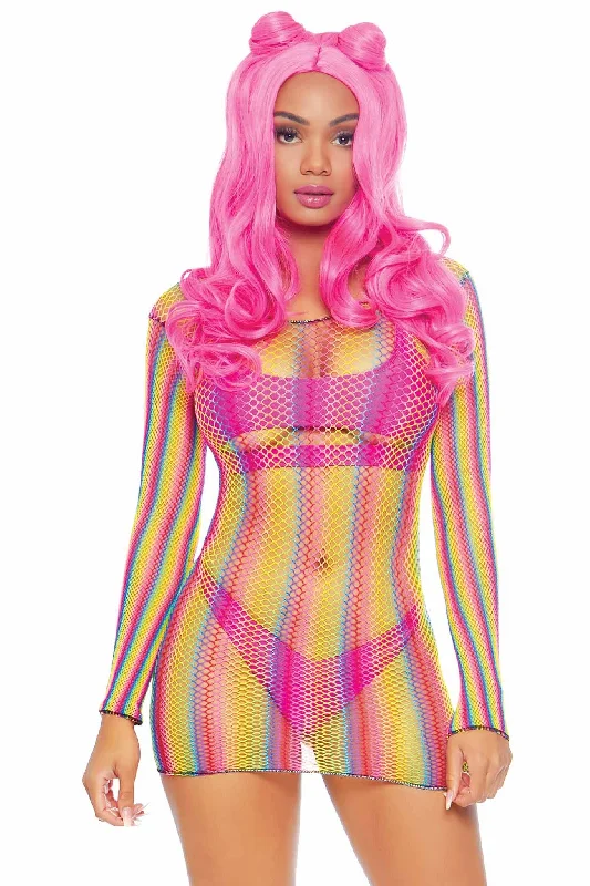 ladies-mini-dress-lace-trimmed-Rainbow Fishnet Long Sleeved Mini Dress