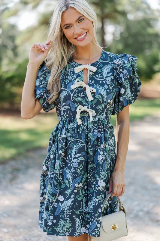 Women's floral dress casual summer -It's In The Wind Indigo Blue Floral Dress