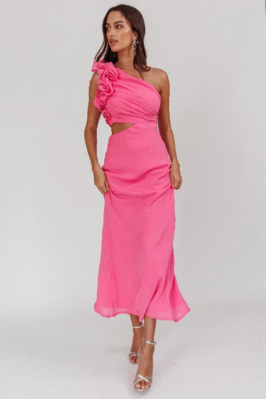 ladies-maxi-dress-polka-flow-Deanna One-Shoulder Ruffle Maxi Dress Hot Pink