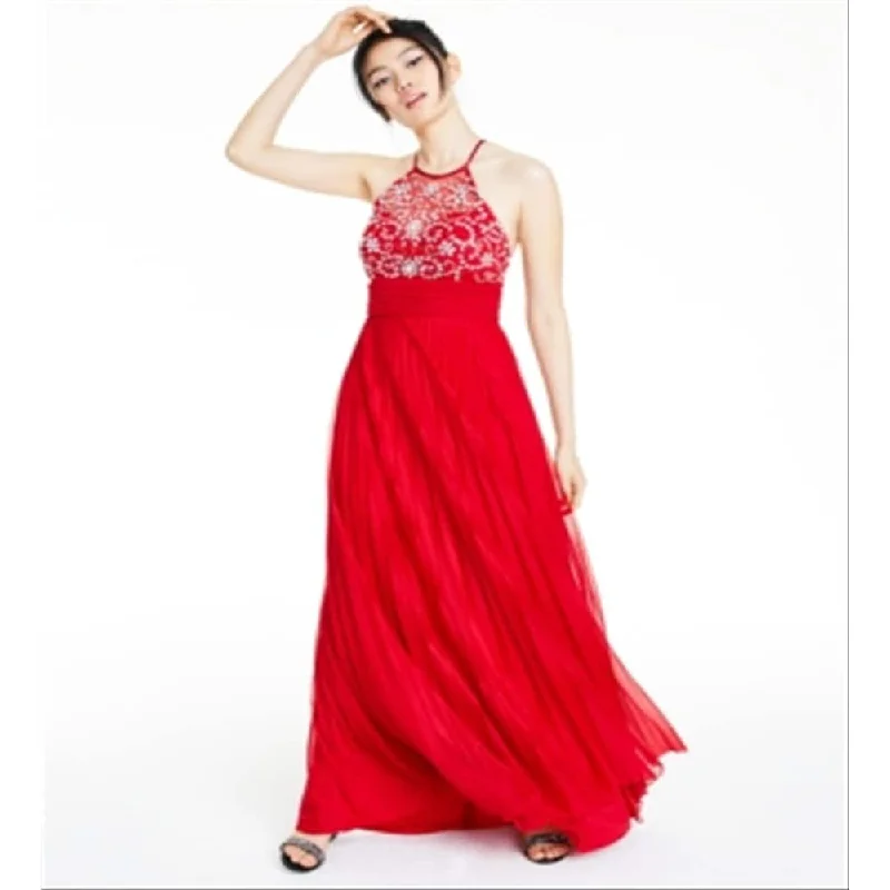 Women's flare dress Valentine -B. Darlin Women's Embellished Sleeveless Halter Full Length Prom Fit Flare Dress Red Size 13-14