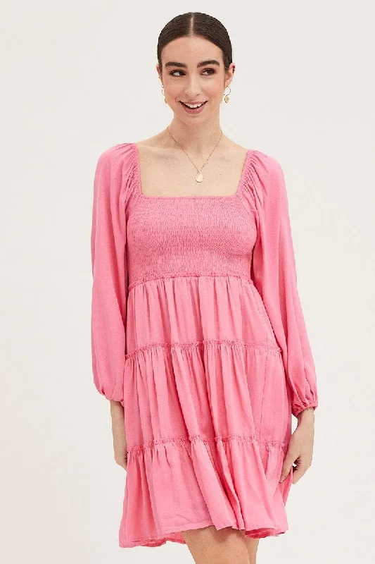 Women's flare dress sustainable -Pink Fit And Flare Dress Long Sleeve Square Neck