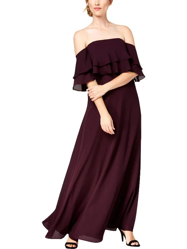 ladies-maxi-dress-gala-flow-Womens Off-The-Shoulder Flounce Maxi Dress