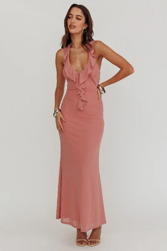 ladies-maxi-dress-denim-drama-Live Loud Ruffle Halterneck Maxi Dress Rose