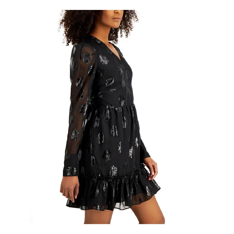 Women's flare dress draped -Bar Iii Women's Embellished Keyhole Back Long Sleeve V Neck Short Fit Flare Dress Black Size Small