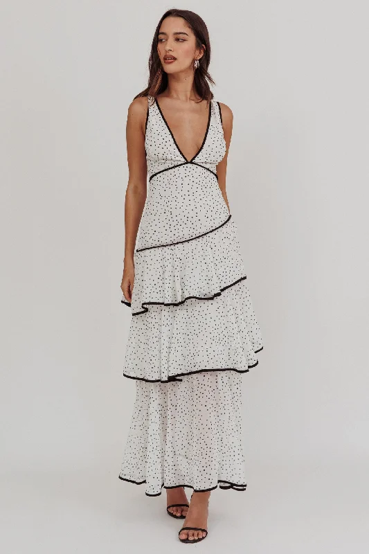 ladies-maxi-dress-sky-drift-Veda Strappy Back Ruffle Maxi Dress Polka Dot White