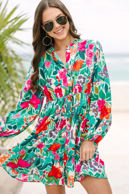 Women's floral dress bright -Beautifully You Jade Green Floral Dress