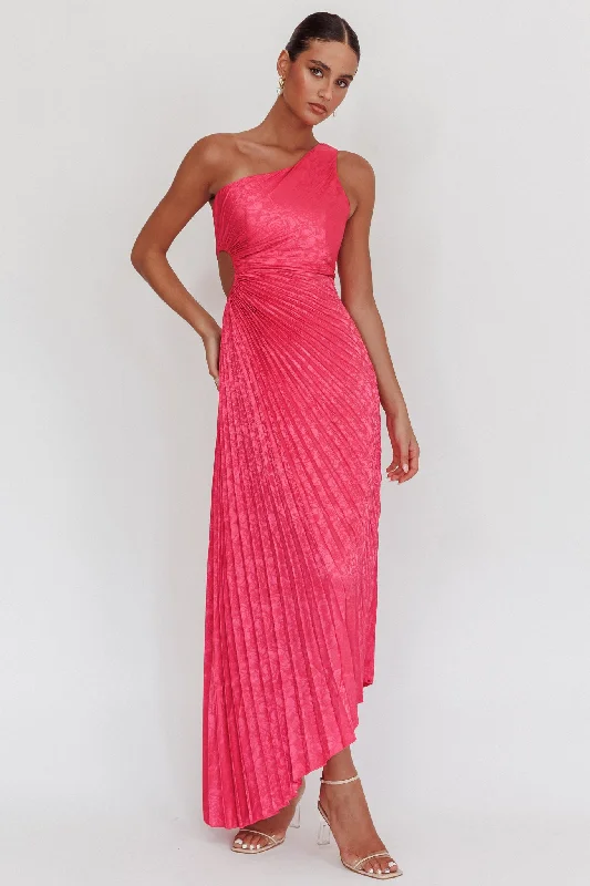 ladies-maxi-dress-zip-front-flow-Amelie One-Shoulder Accordion Pleat Maxi Dress Floral Fuchsia