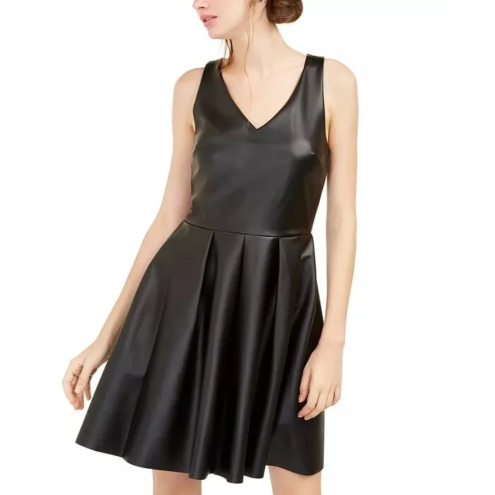 Women's flare dress beaded -Rosie Harlow Juniors' Faux-Leather Fit & Flare Dress Black Size Small