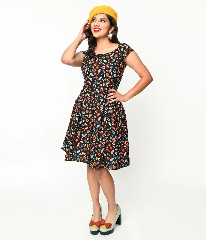 Women's flare dress scalloped -Retrolicious Black Leaves & Acorns Margaret Flare Dress