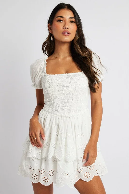 Women's flare dress nautical -White Fit and Flare Dress Short Sleeve Embroidered