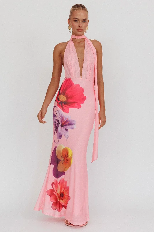 ladies-maxi-dress-dark-depth-Italia Azure Halterneck Maxi Dress Flowers Pink