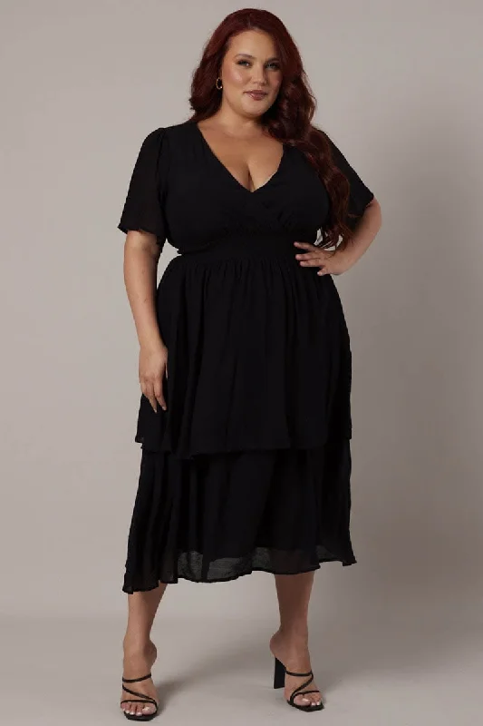 Women's flare dress gradient -Black Midi Dress Crossover Bust Flare Sleeve