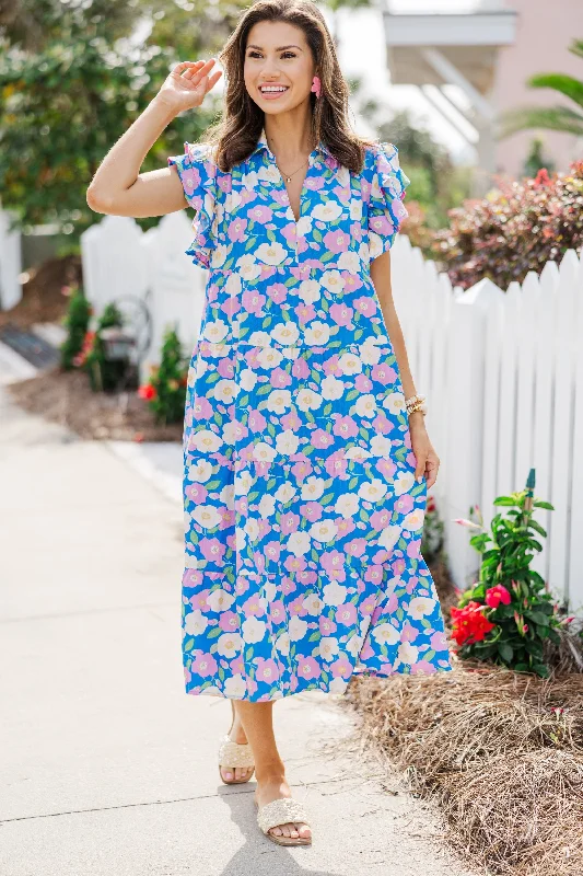 Women's floral dress reversible -Look You Up Blue & Pink Floral Ruffled Midi Dress