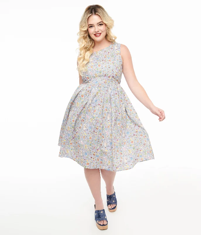 Women's flare dress playful -1950s Ice Blue Wonderland Print Fit & Flare Dress