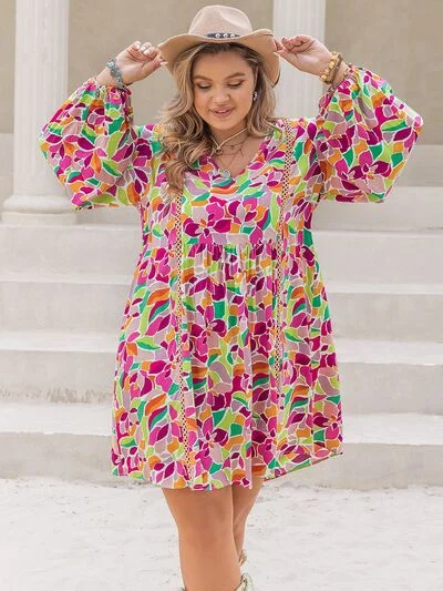 ladies-mini-dress-dark-drama-Plus Size Printed V-Neck Balloon Sleeve Mini Dress